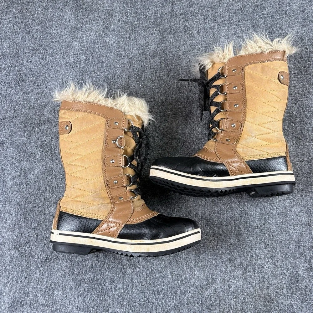 Sorel Tofino II Snow Boots Girls Youth 2 Tan Black Faux Fur Waterproof NY2419